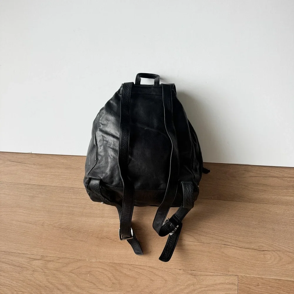 Perlina New York Black Leather Backpack Drawstring Flap Bag Vintage Style